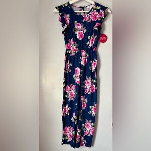 Girls' Navy Floral Jumpsuit with Pink Rose Print